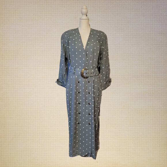 Vintage Polka Dot Wrap Coat Dress Long Sleeve Belted Midi Polka dotted Dress - Picture 1 of 7